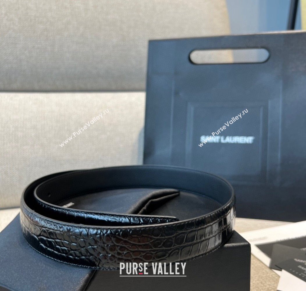 Saint Laurent Crocodile Embossed Leather Belt 2cm Black 2 2024 1127 (99-241127089)