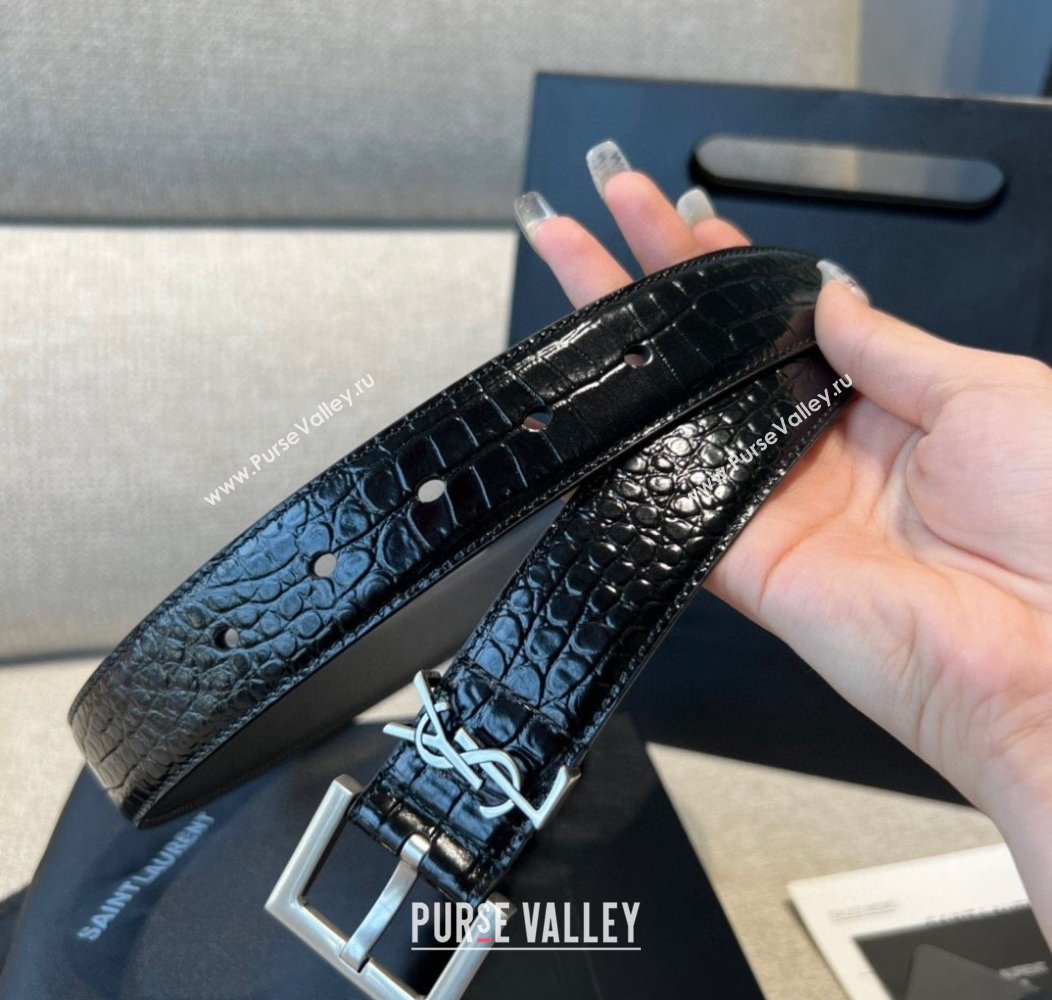 Saint Laurent Crocodile Embossed Leather Belt 2cm Black 2 2024 1127 (99-241127089)