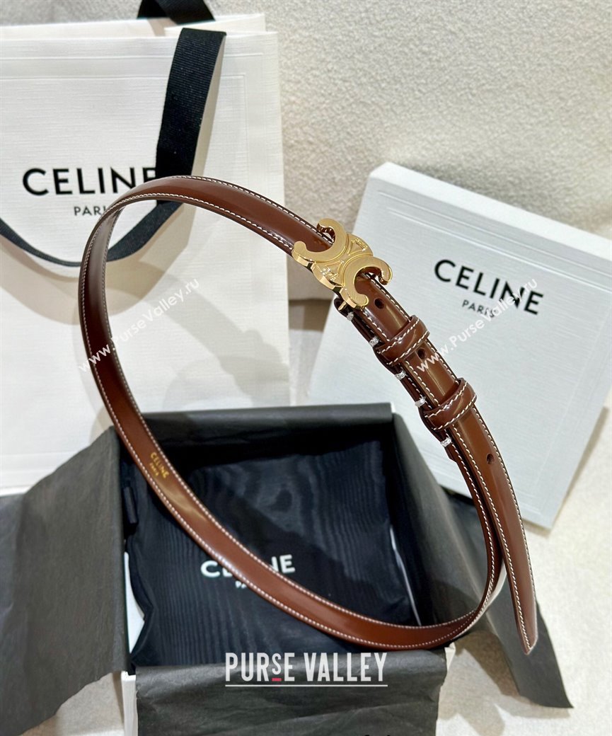 Celine Brown Calfskin Belt 2.5cm with Shiny Gold Logo 2024 1127 (99-241127091)