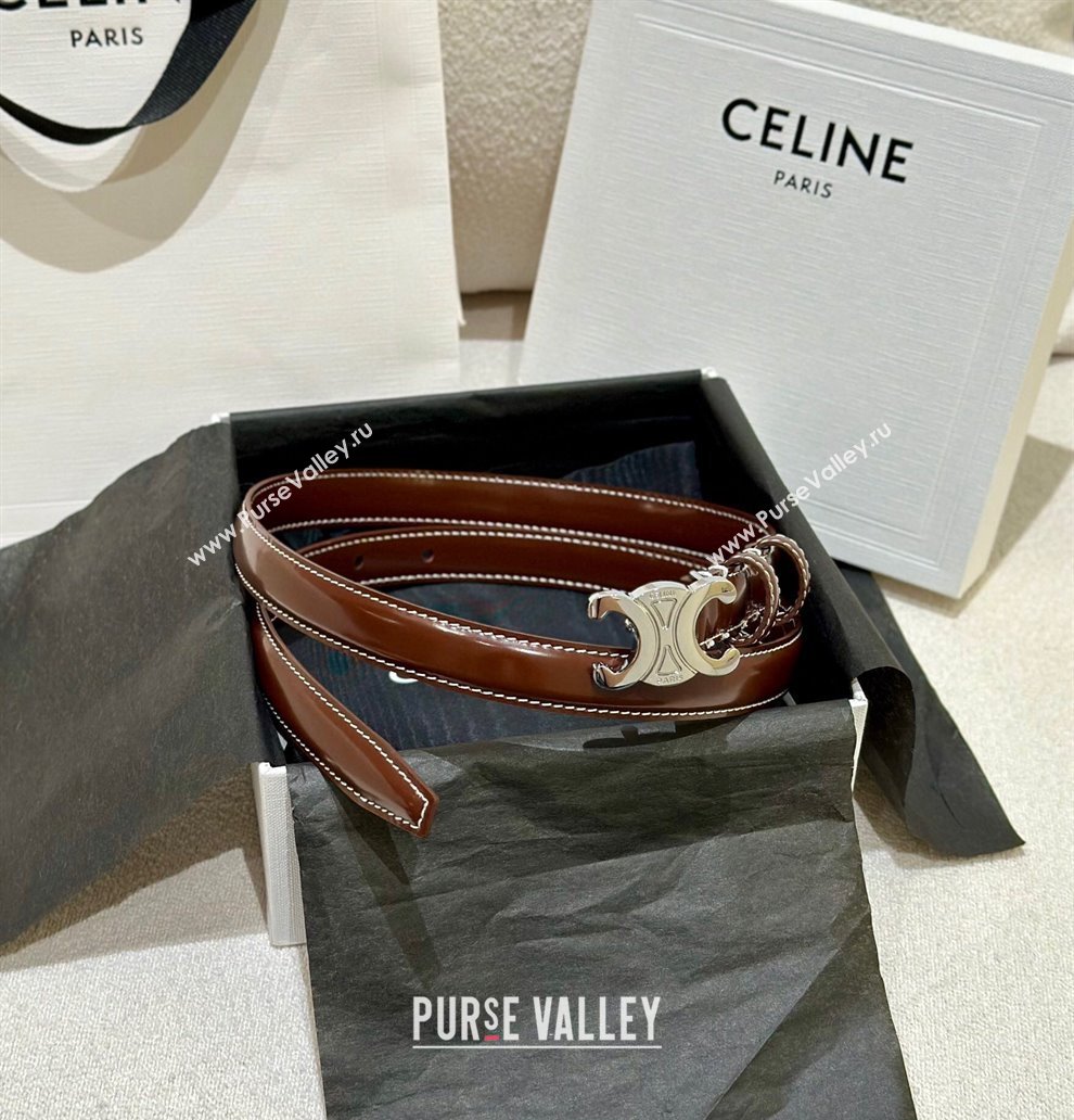 Celine Brown Calfskin Belt 2.5cm with Shiny Silver Logo 2024 1127 (99-241127092)