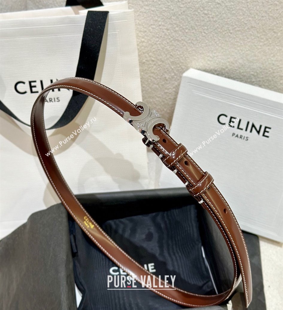 Celine Brown Calfskin Belt 2.5cm with Shiny Silver Logo 2024 1127 (99-241127092)