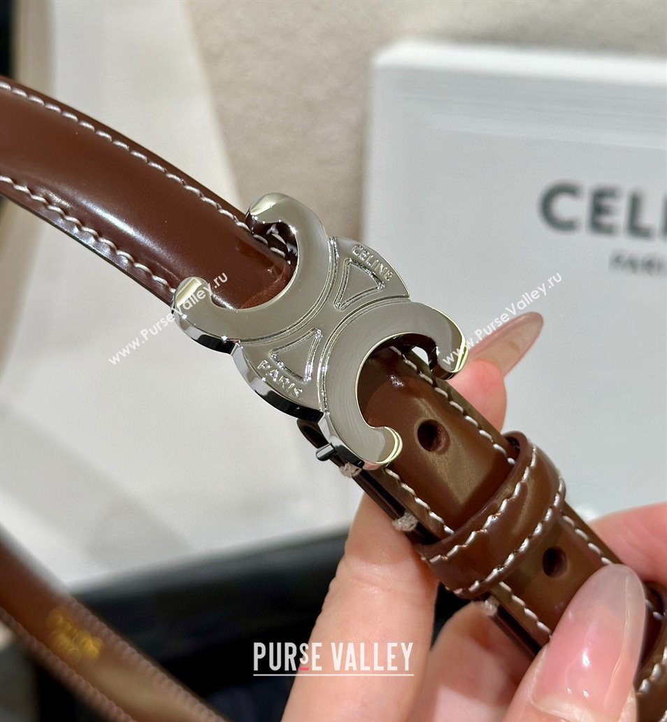 Celine Brown Calfskin Belt 2.5cm with Shiny Silver Logo 2024 1127 (99-241127092)