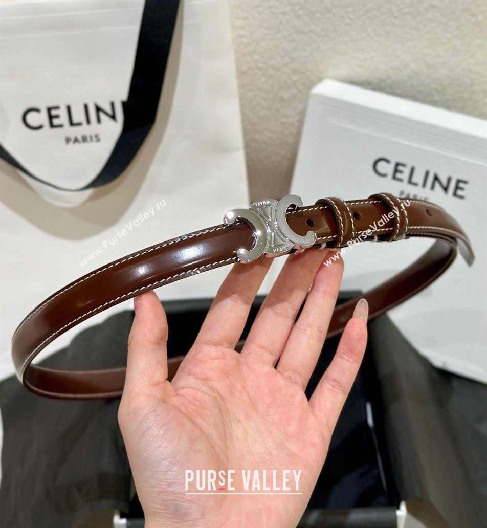 Celine Brown Calfskin Belt 2.5cm with Shiny Silver Logo 2024 1127 (99-241127092)