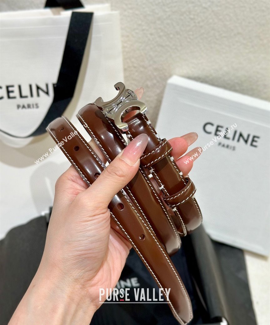 Celine Brown Calfskin Belt 2.5cm with Shiny Silver Logo 2024 1127 (99-241127092)