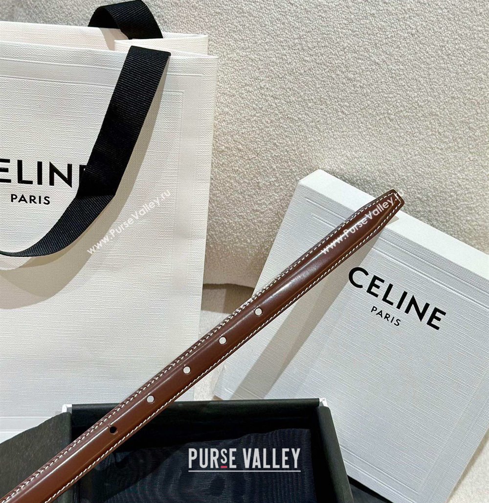 Celine Brown Calfskin Belt 2.5cm with Shiny Silver Logo 2024 1127 (99-241127092)