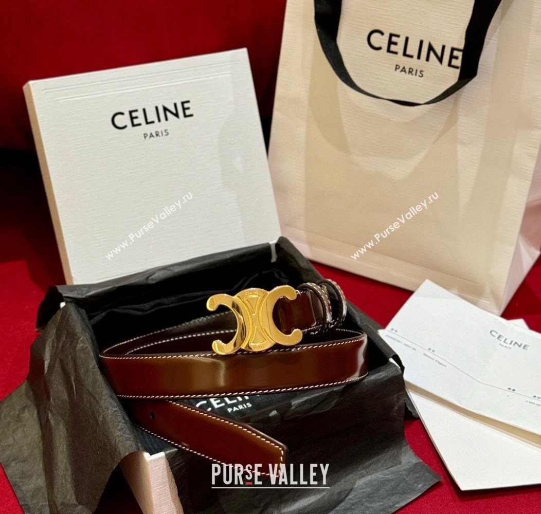 Celine Brown Calfskin Belt 2.5cm with Dark Gold Logo 2024 1127 (99-241127094)