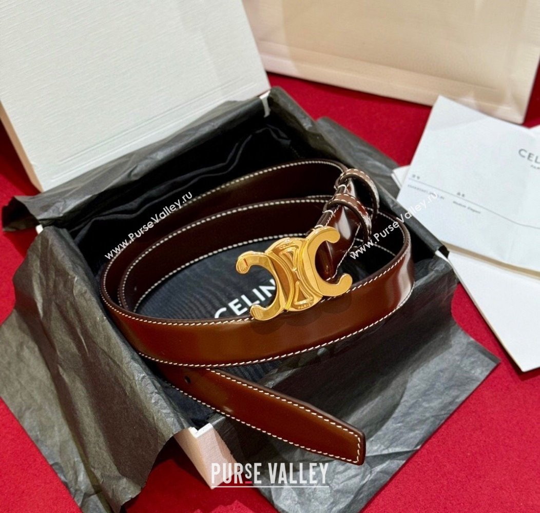 Celine Brown Calfskin Belt 2.5cm with Dark Gold Logo 2024 1127 (99-241127094)