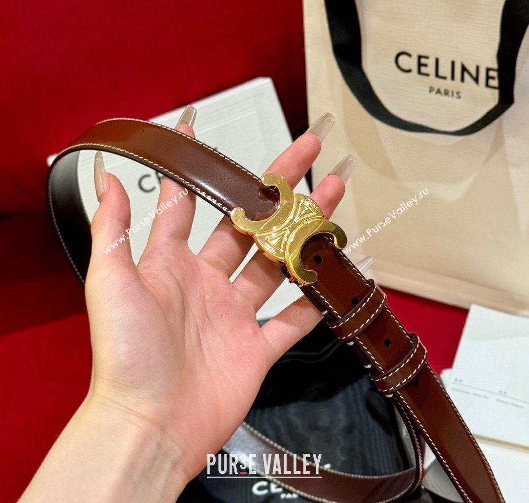 Celine Brown Calfskin Belt 2.5cm with Dark Gold Logo 2024 1127 (99-241127094)