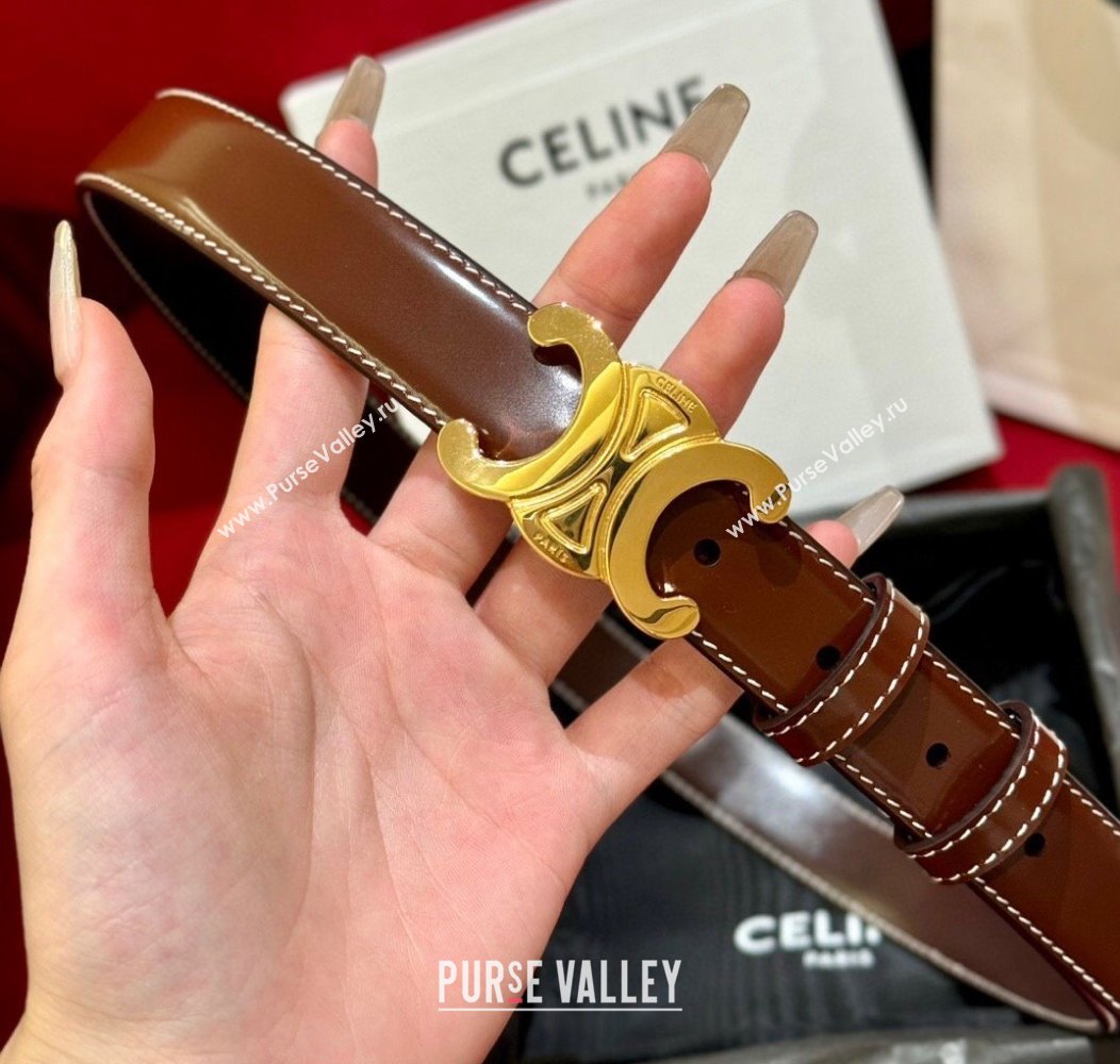 Celine Brown Calfskin Belt 2.5cm with Dark Gold Logo 2024 1127 (99-241127094)