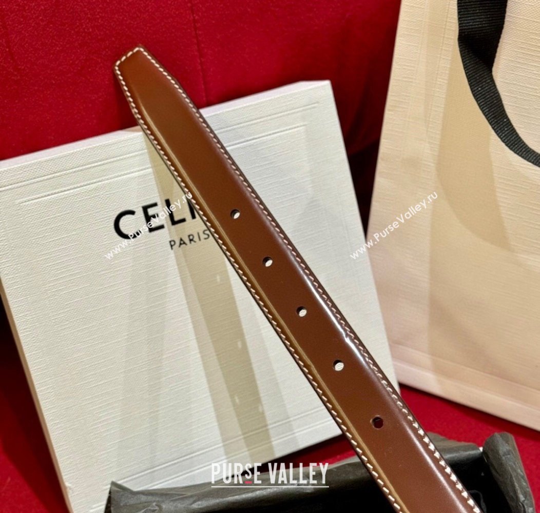 Celine Brown Calfskin Belt 2.5cm with Dark Gold Logo 2024 1127 (99-241127094)