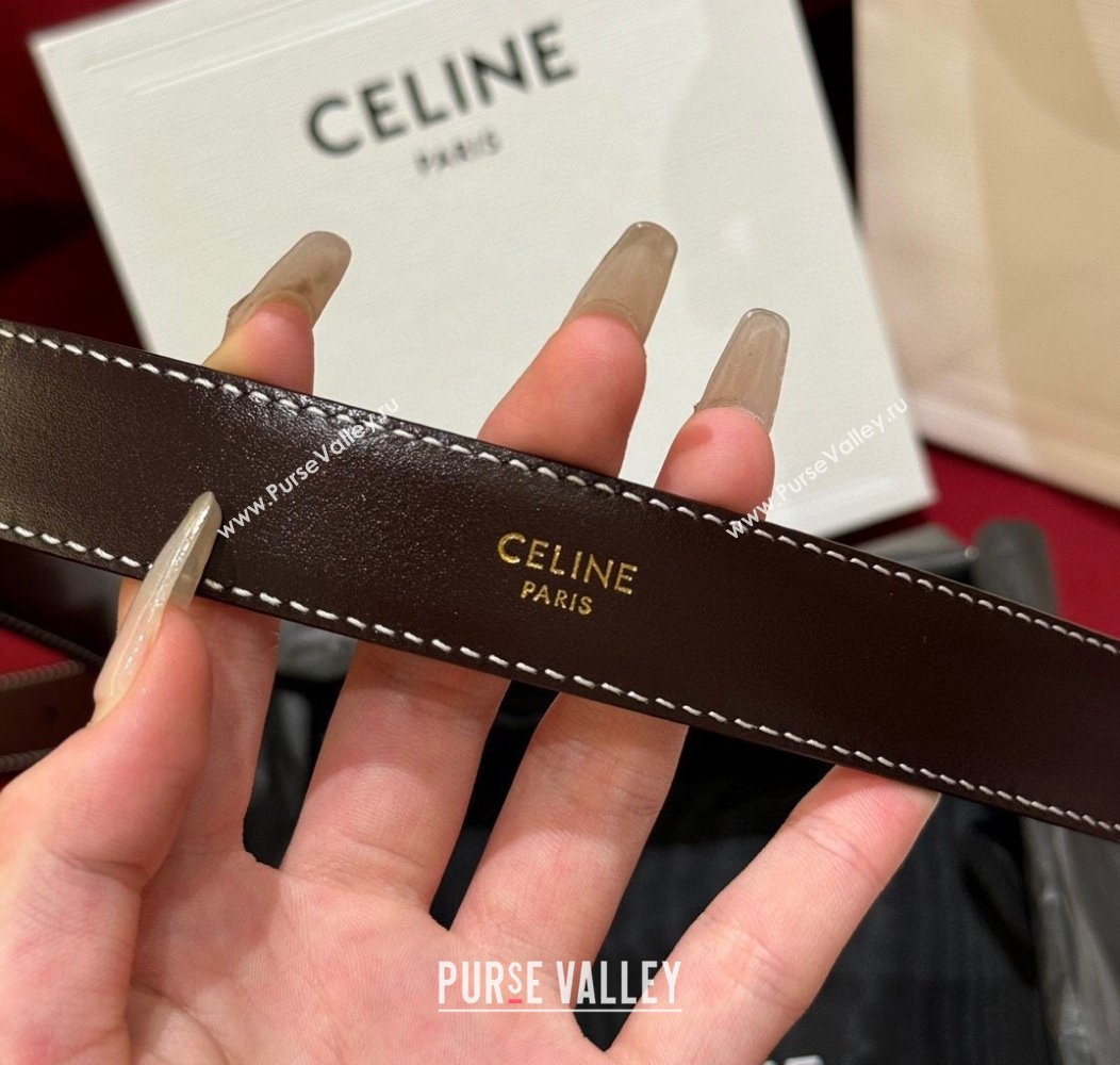 Celine Brown Calfskin Belt 2.5cm with Dark Gold Logo 2024 1127 (99-241127094)