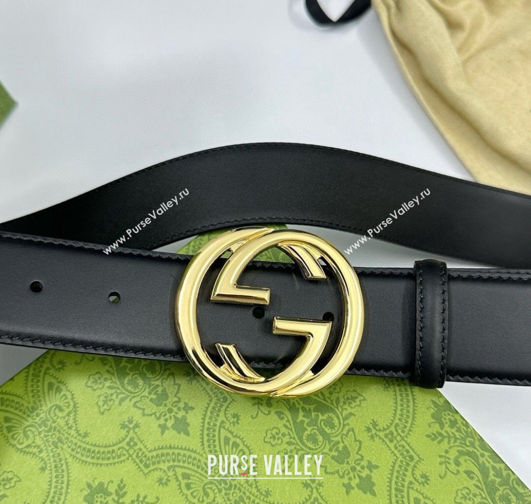 Gucci Calfskin Leather Belt 4cm with Interlocking G Buckle Black/Gold 2024 1127 (99-241127039)