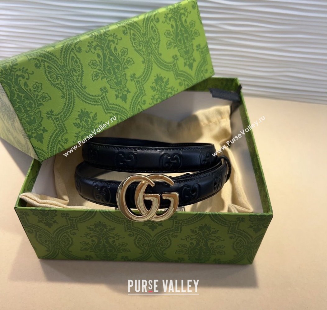 Gucci GG Embossed Leather Belt 2cm with GG Buckle Black/Gold 2024 1127 (99-241127100)