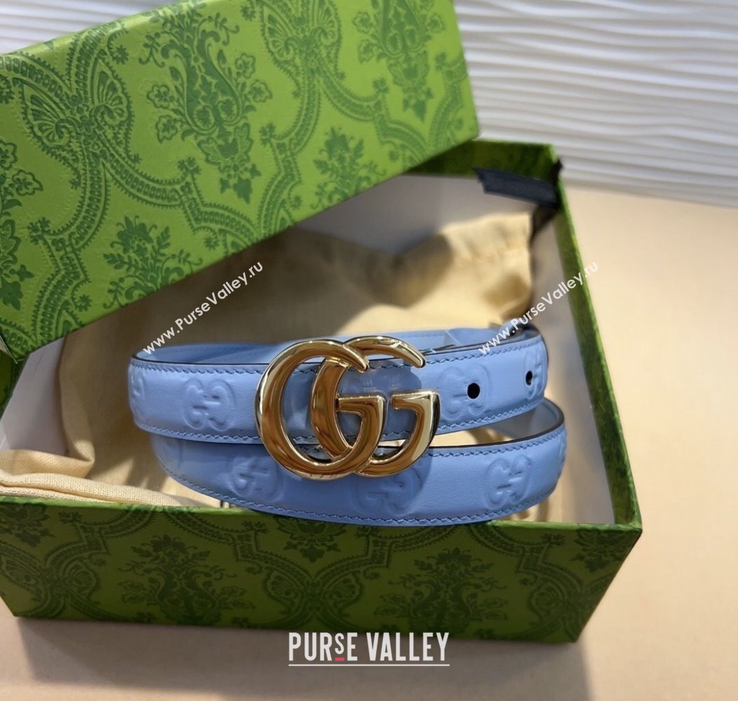 Gucci GG Embossed Leather Belt 2cm with GG Buckle Light Blue 2024 1127 (99-241127104)