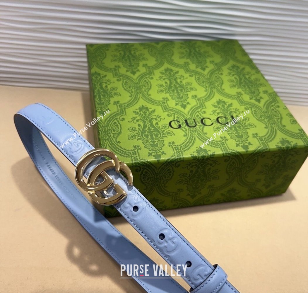 Gucci GG Embossed Leather Belt 2cm with GG Buckle Light Blue 2024 1127 (99-241127104)