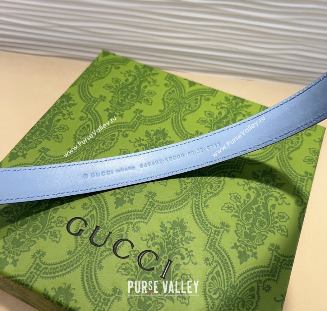 Gucci GG Embossed Leather Belt 2cm with GG Buckle Light Blue 2024 1127 (99-241127104)