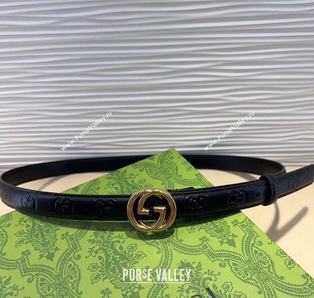 Gucci GG Embossed Leather Belt 2cm with Interlocking G Buckle Black/Gold 2024 1127 (99-241127106)