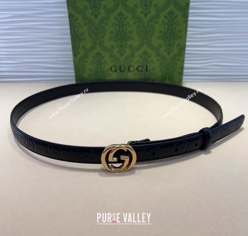 Gucci GG Embossed Leather Belt 2cm with Interlocking G Buckle Black/Gold 2024 1127 (99-241127106)