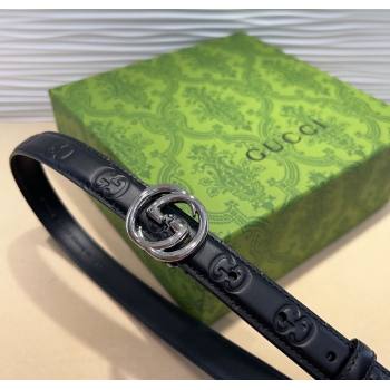 Gucci GG Embossed Leather Belt 2cm with Interlocking G Buckle Black/Silver 2024 1127 (99-241127107)