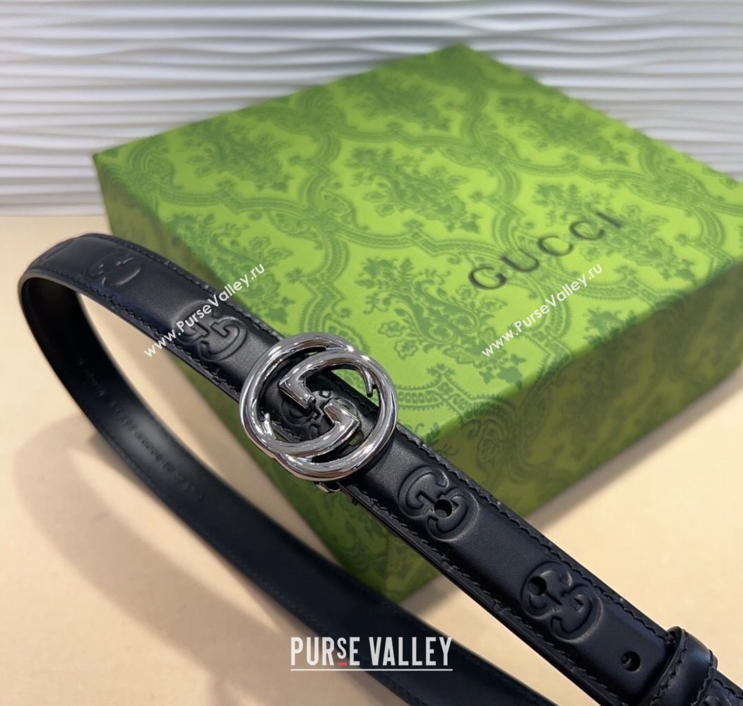 Gucci GG Embossed Leather Belt 2cm with Interlocking G Buckle Black/Silver 2024 1127 (99-241127107)