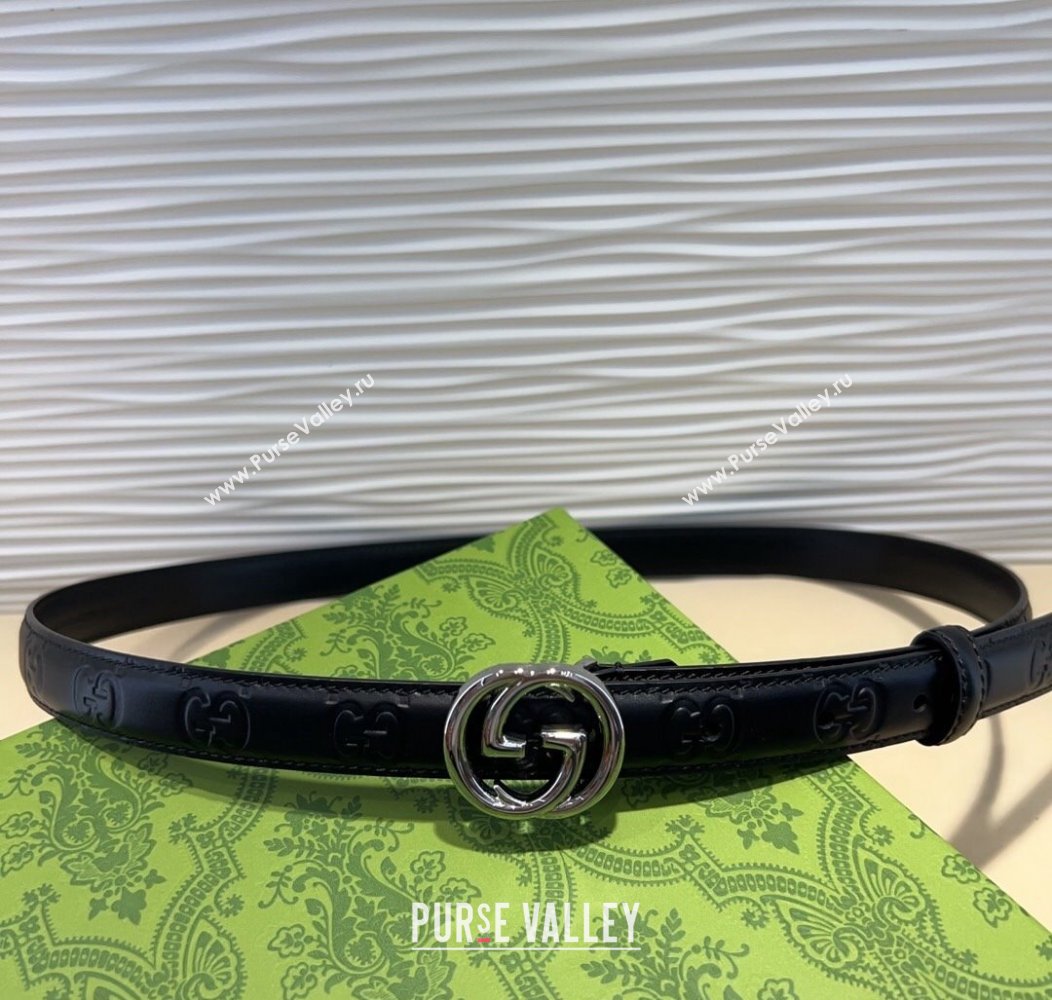 Gucci GG Embossed Leather Belt 2cm with Interlocking G Buckle Black/Silver 2024 1127 (99-241127107)