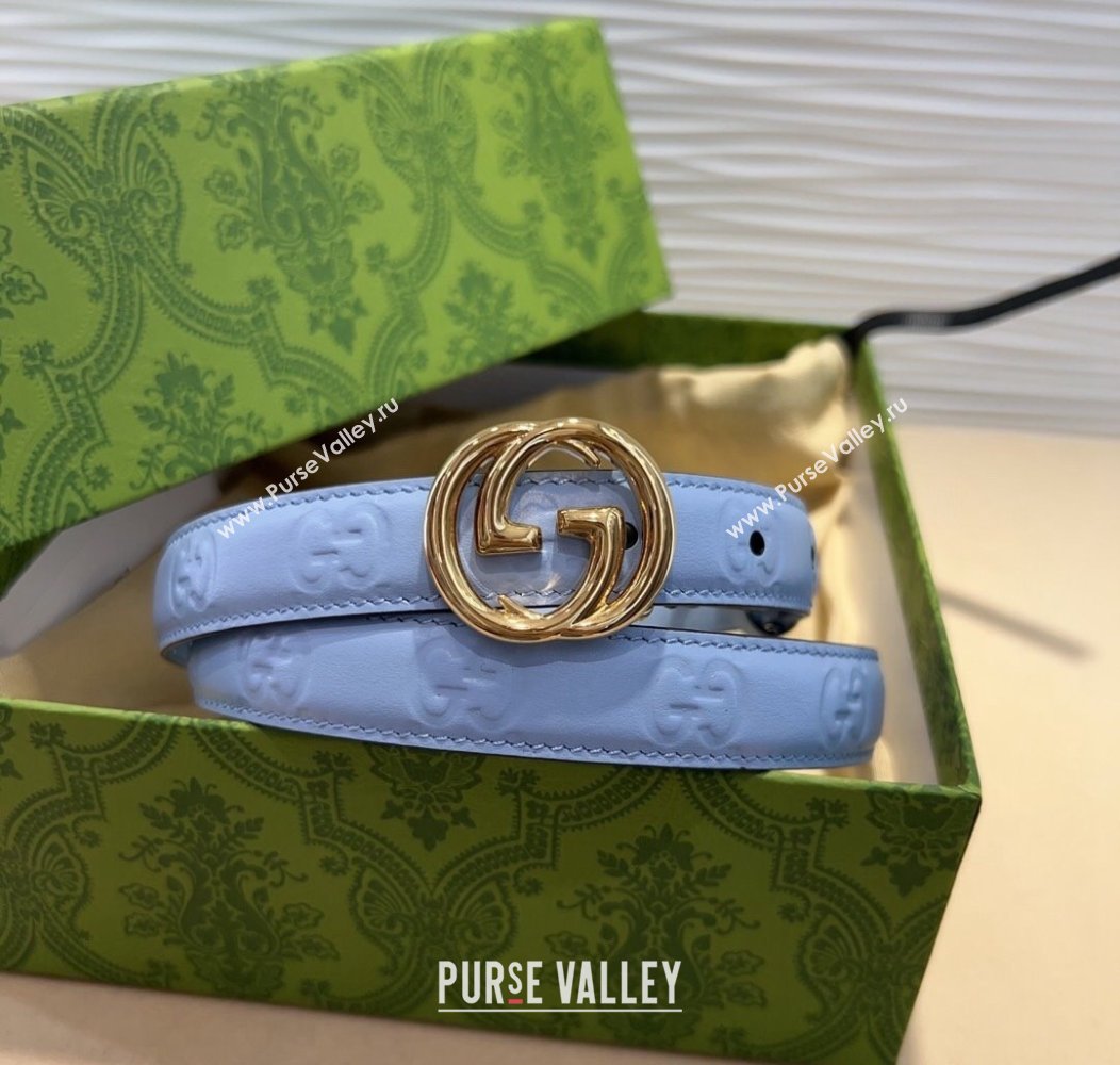 Gucci GG Embossed Leather Belt 2cm with Interlocking G Buckle Blue/Gold 2024 1127 (99-241127109)