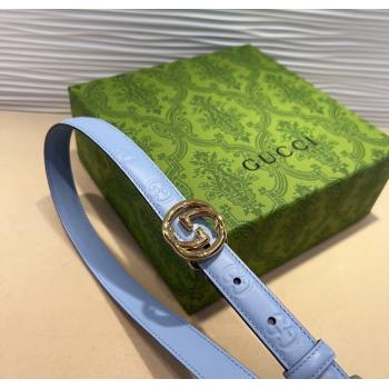 Gucci GG Embossed Leather Belt 2cm with Interlocking G Buckle Blue/Gold 2024 1127 (99-241127109)