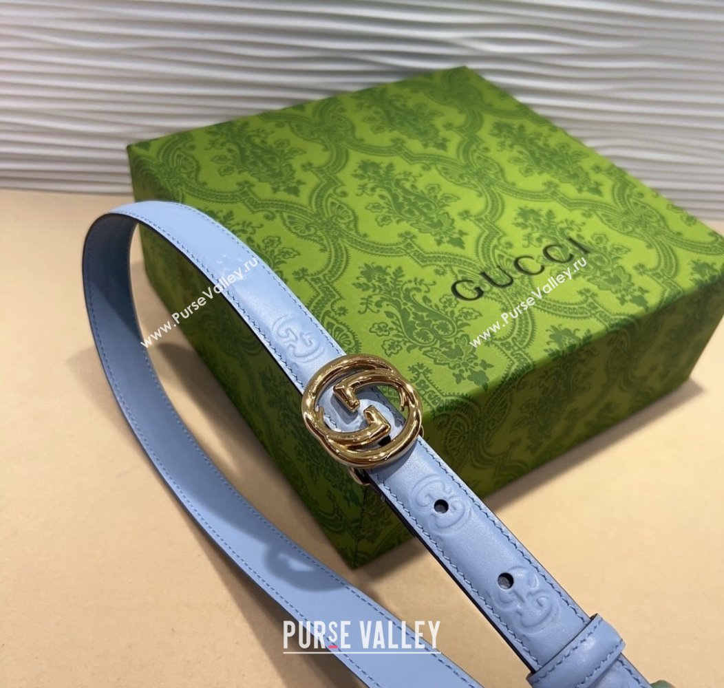 Gucci GG Embossed Leather Belt 2cm with Interlocking G Buckle Blue/Gold 2024 1127 (99-241127109)