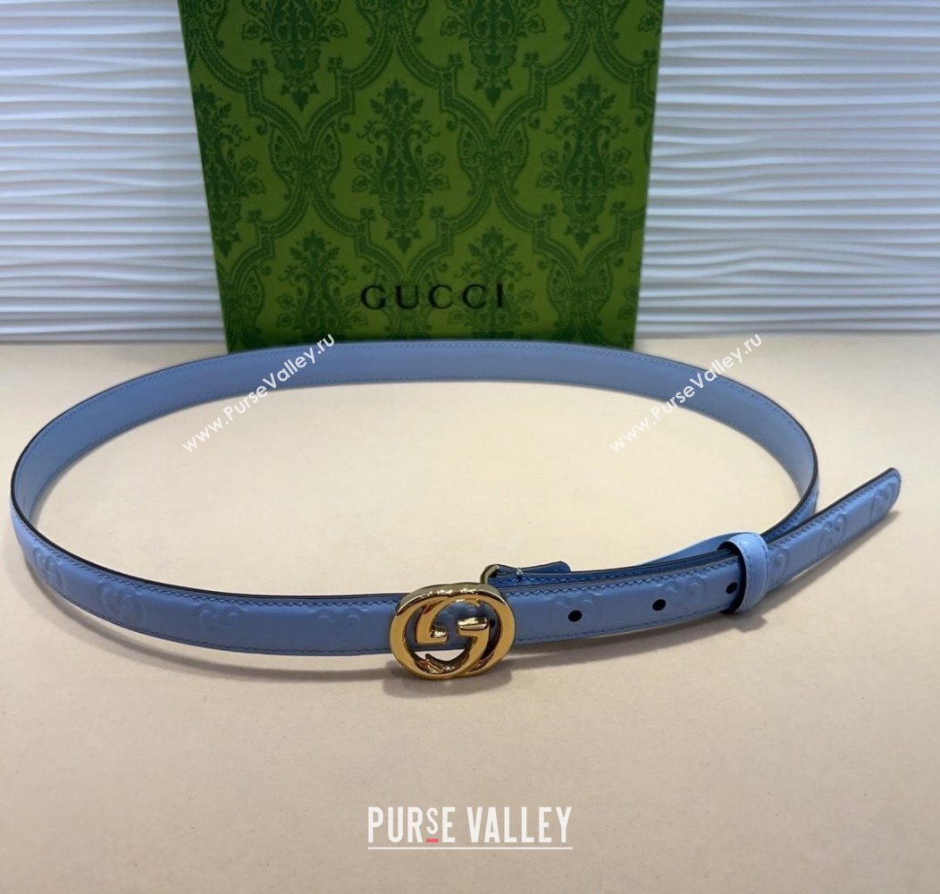 Gucci GG Embossed Leather Belt 2cm with Interlocking G Buckle Blue/Gold 2024 1127 (99-241127109)