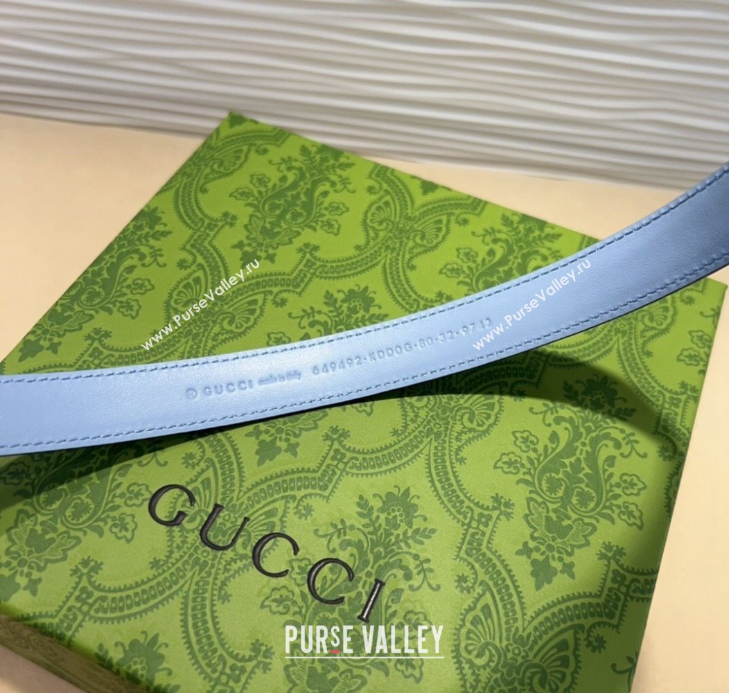 Gucci GG Embossed Leather Belt 2cm with Interlocking G Buckle Blue/Gold 2024 1127 (99-241127109)