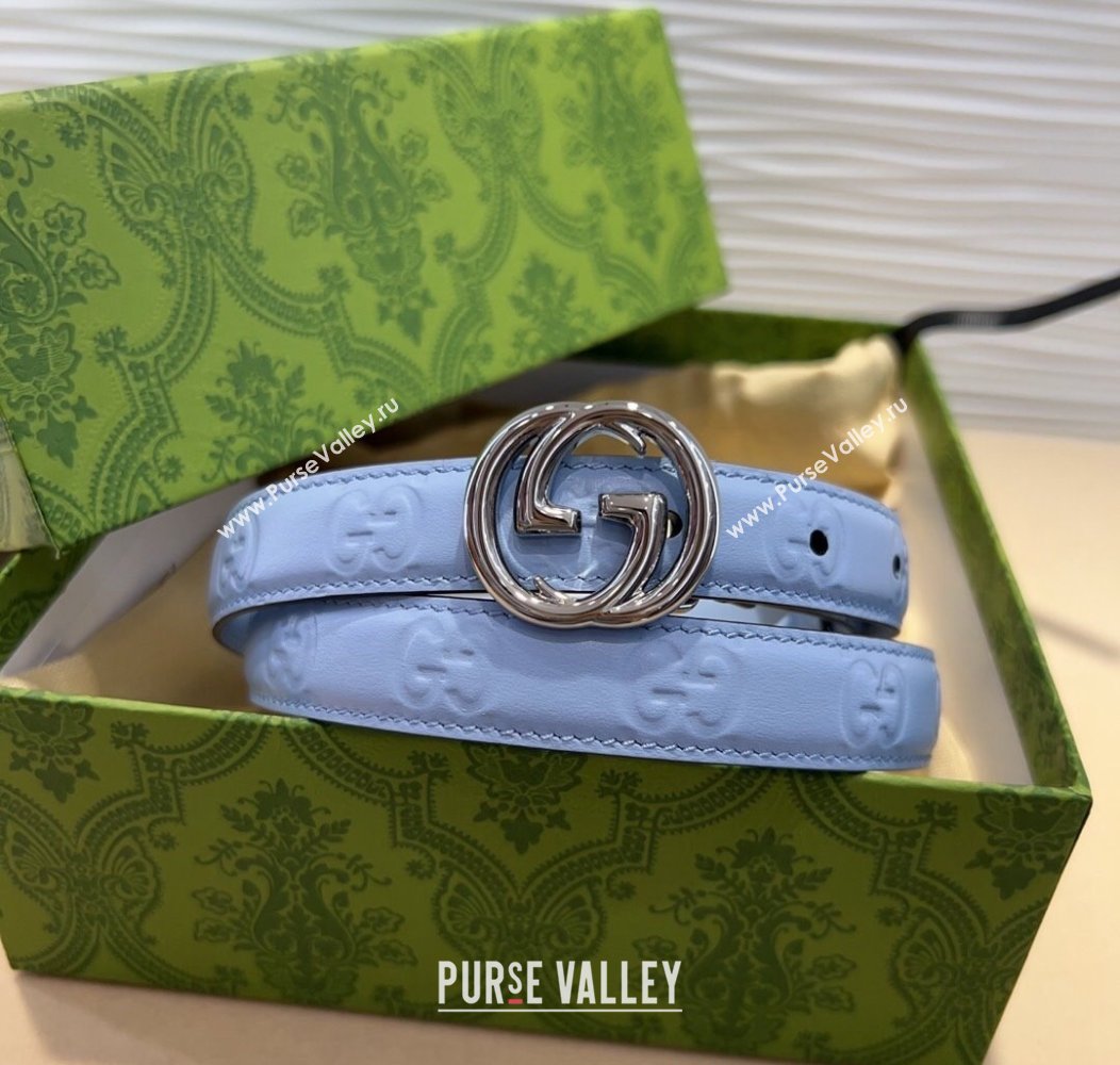 Gucci GG Embossed Leather Belt 2cm with Interlocking G Buckle Blue/Silver 2024 1127 (99-241127110)