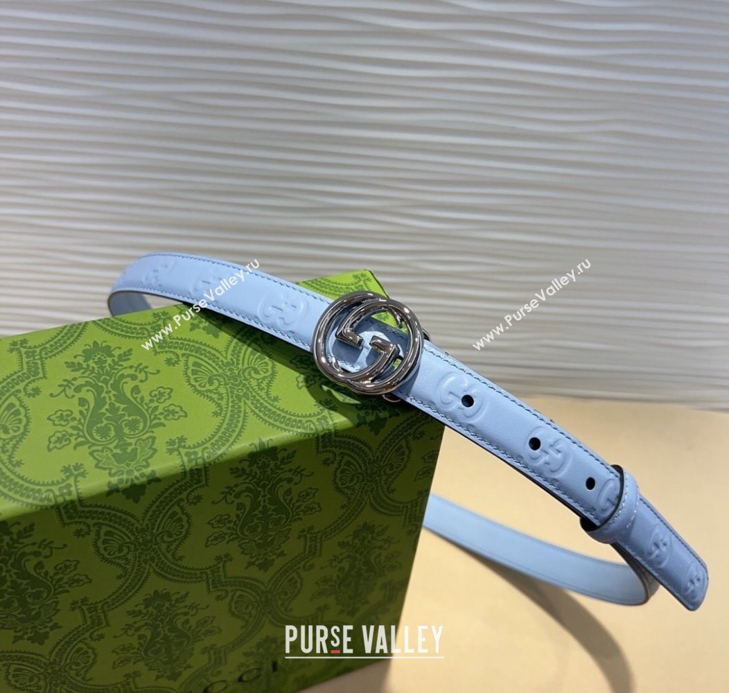 Gucci GG Embossed Leather Belt 2cm with Interlocking G Buckle Blue/Silver 2024 1127 (99-241127110)