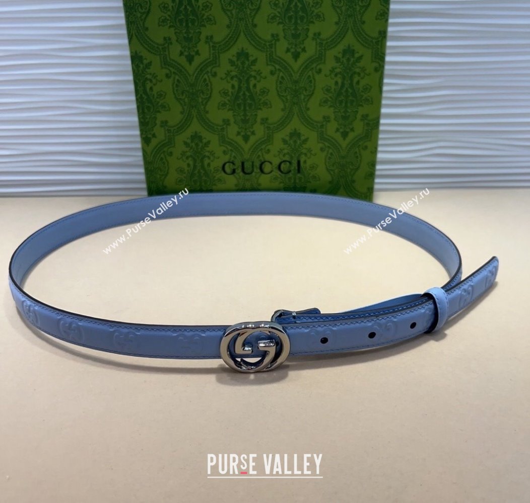 Gucci GG Embossed Leather Belt 2cm with Interlocking G Buckle Blue/Silver 2024 1127 (99-241127110)