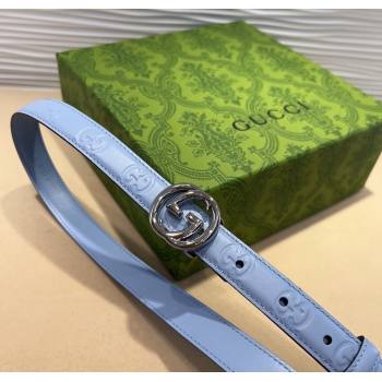 Gucci GG Embossed Leather Belt 2cm with Interlocking G Buckle Blue/Silver 2024 1127 (99-241127110)
