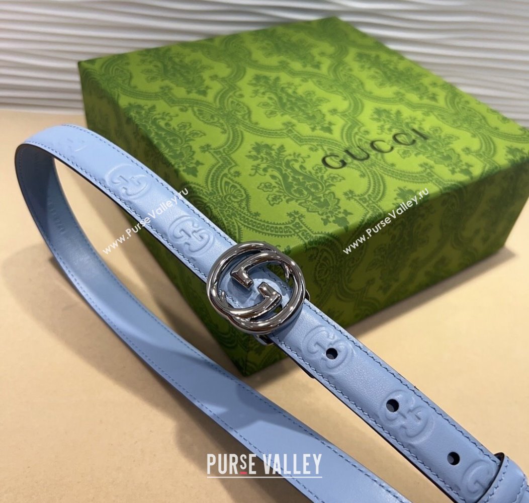 Gucci GG Embossed Leather Belt 2cm with Interlocking G Buckle Blue/Silver 2024 1127 (99-241127110)