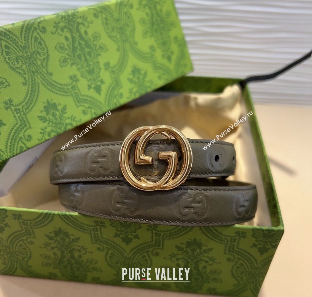 Gucci GG Embossed Leather Belt 2cm with Interlocking G Buckle Green/Gold 2024 1127 (99-241127111)