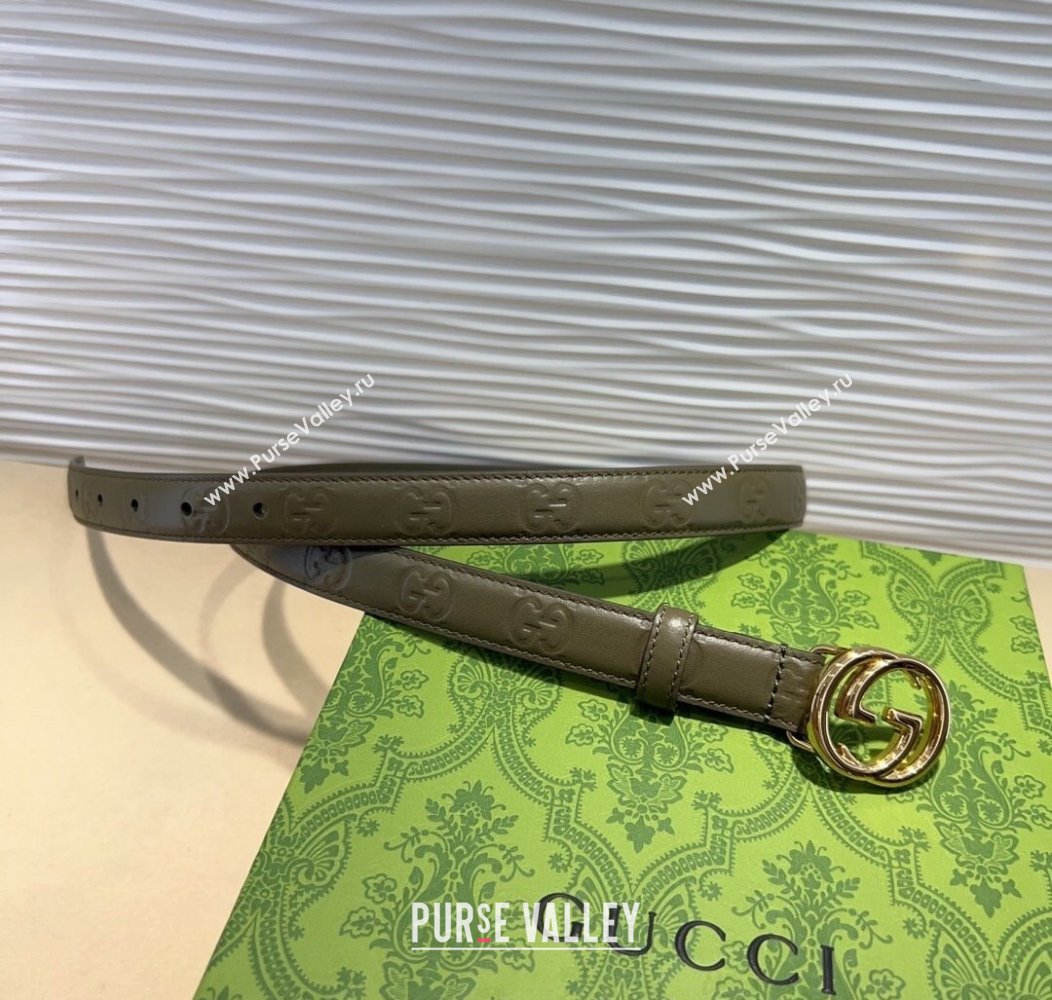 Gucci GG Embossed Leather Belt 2cm with Interlocking G Buckle Green/Gold 2024 1127 (99-241127111)