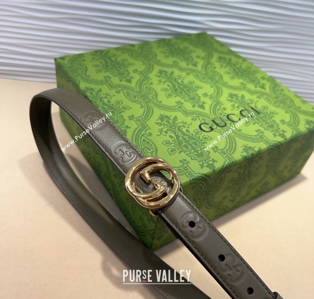 Gucci GG Embossed Leather Belt 2cm with Interlocking G Buckle Green/Gold 2024 1127 (99-241127111)