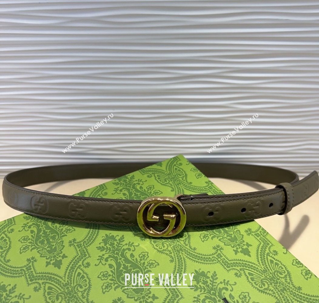 Gucci GG Embossed Leather Belt 2cm with Interlocking G Buckle Green/Gold 2024 1127 (99-241127111)