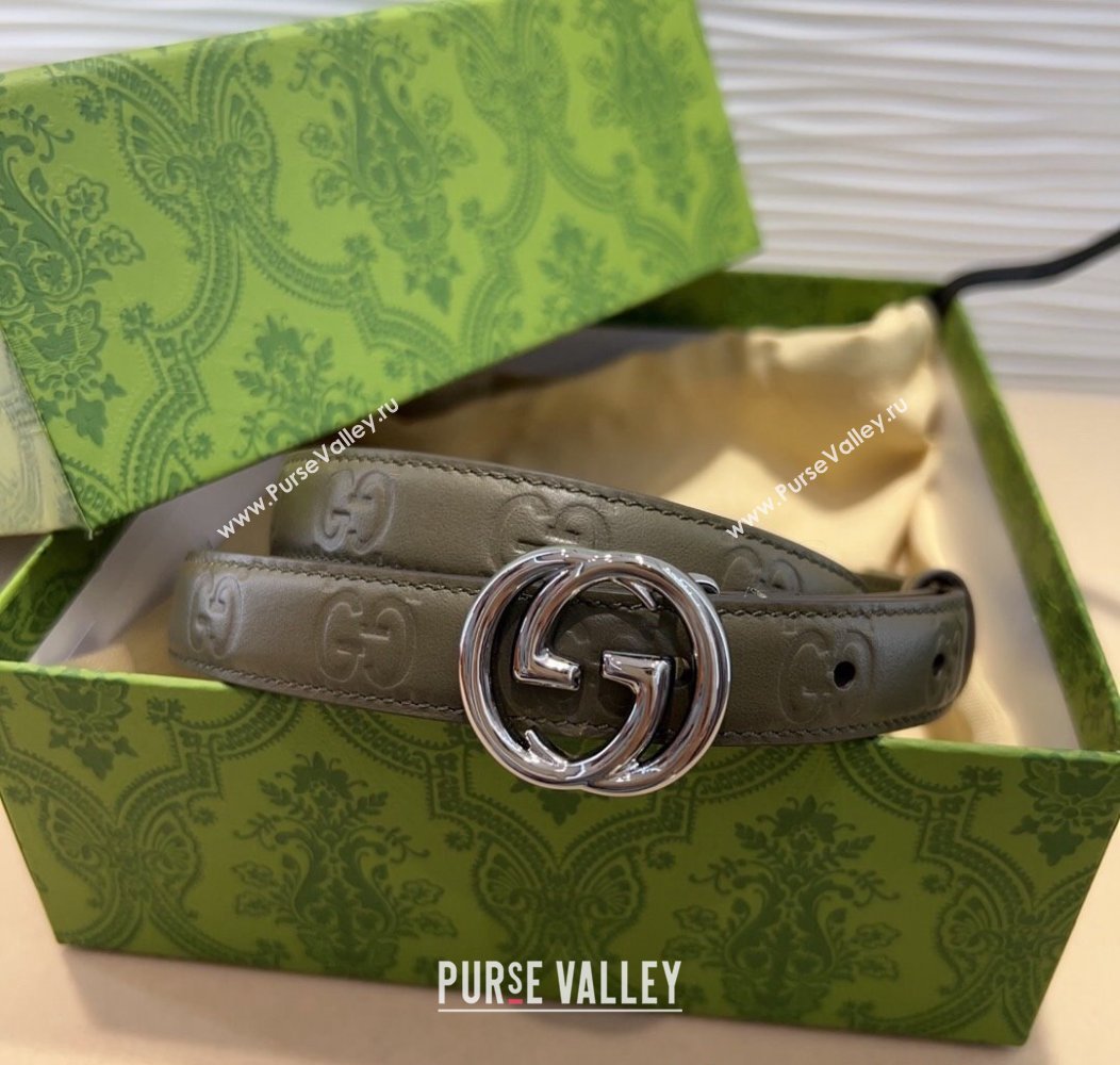 Gucci GG Embossed Leather Belt 2cm with Interlocking G Buckle Green/Silver 2024 1127 (99-241127112)