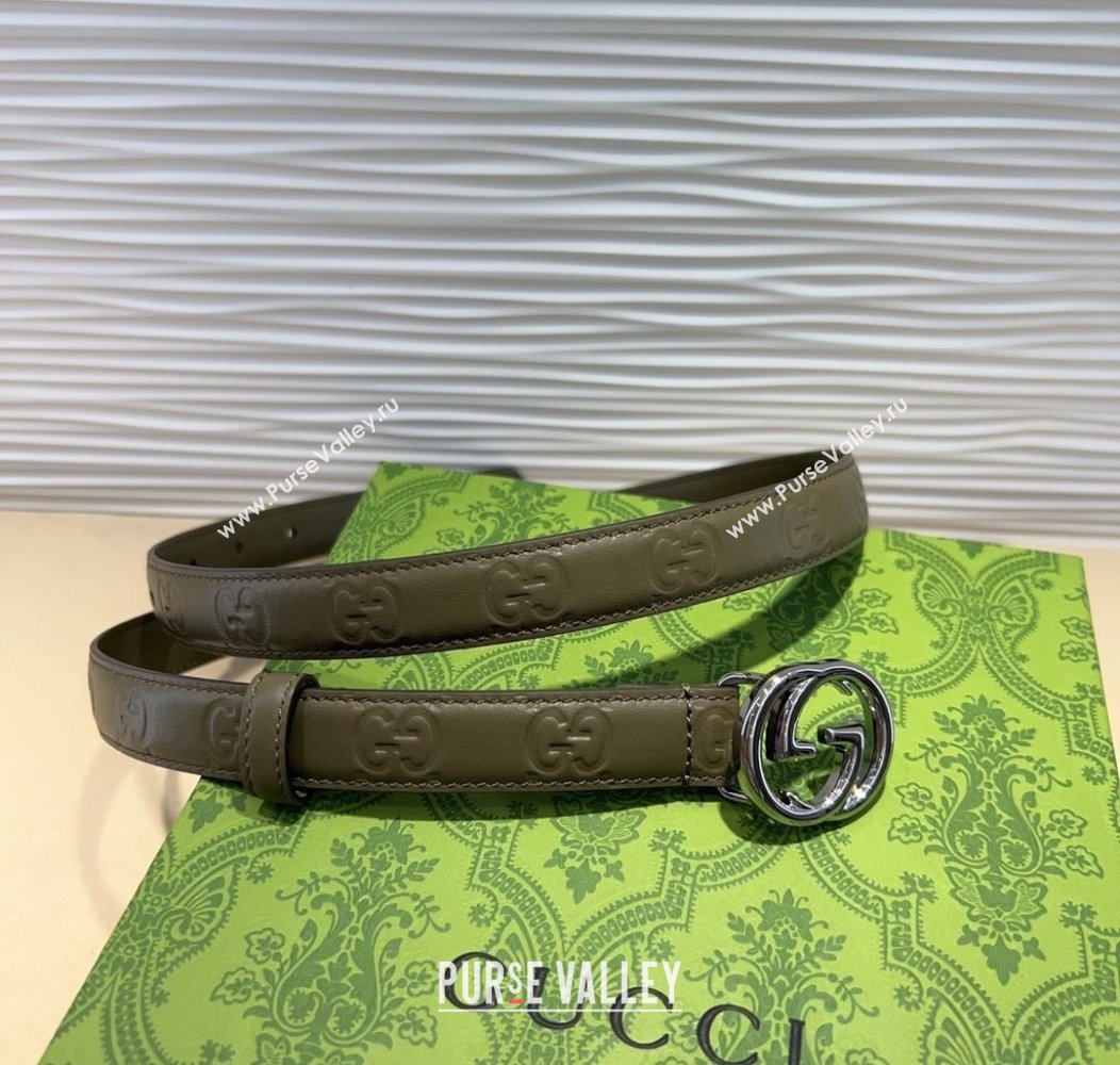 Gucci GG Embossed Leather Belt 2cm with Interlocking G Buckle Green/Silver 2024 1127 (99-241127112)