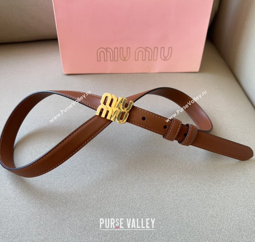 Miu Miu Calfskin Leather Belt 2cm with Miu Buckle Tan Brown 2024 1127 (99-241127115)