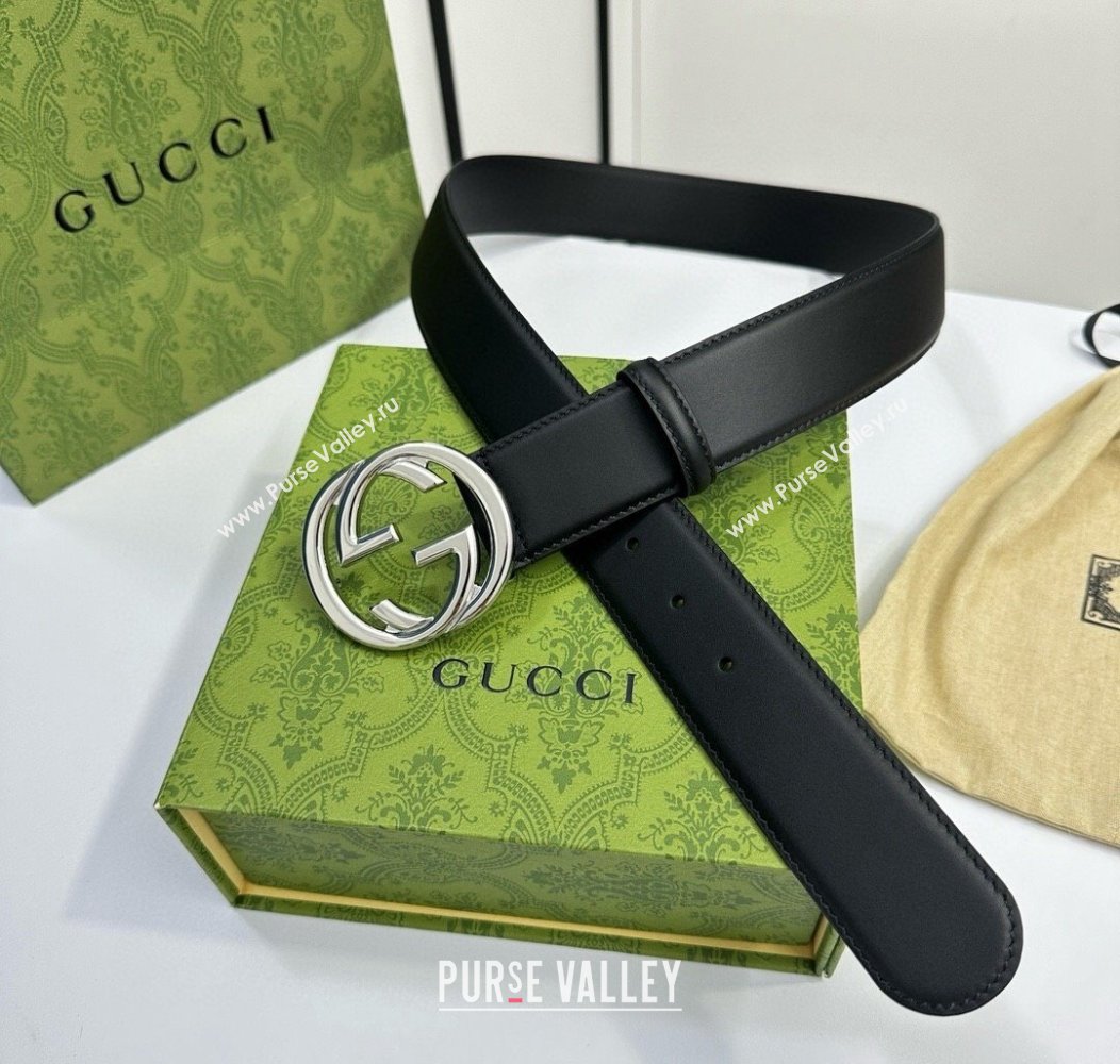 Gucci Calfskin Leather Belt 4cm with Interlocking G Buckle Black/Silver 2024 1127 (99-241127040)