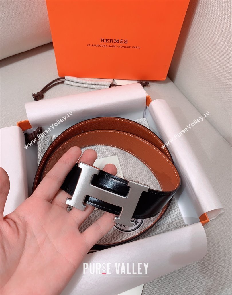 Hermes Constance Belt Buckle Reversible Calfskin Leather Strap 3.8cm Brown/Silver 2025 010802 (99-250108010)