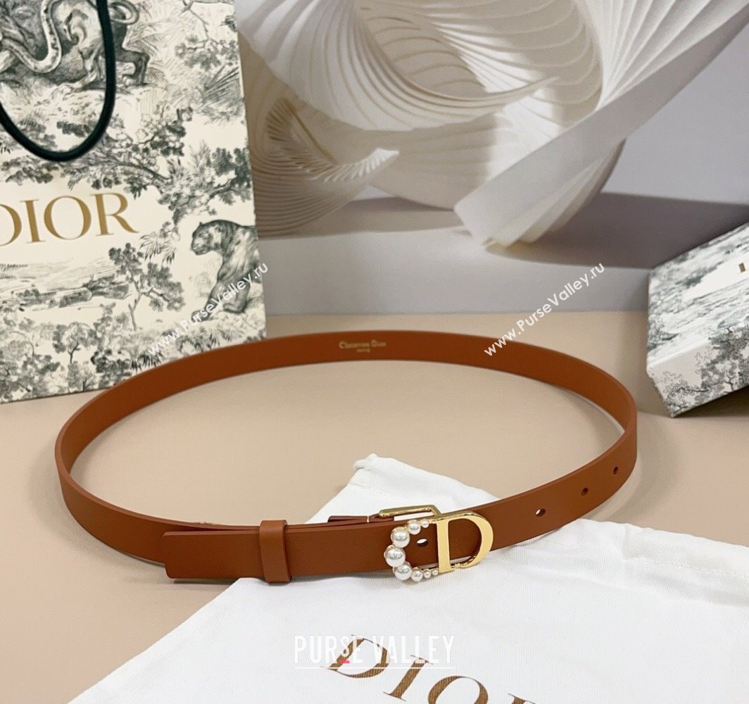 Dior Calfskin Leather Belt 2cm with Pearls CD Buckle Brown/Gold 2025 0108 (99-250108041)