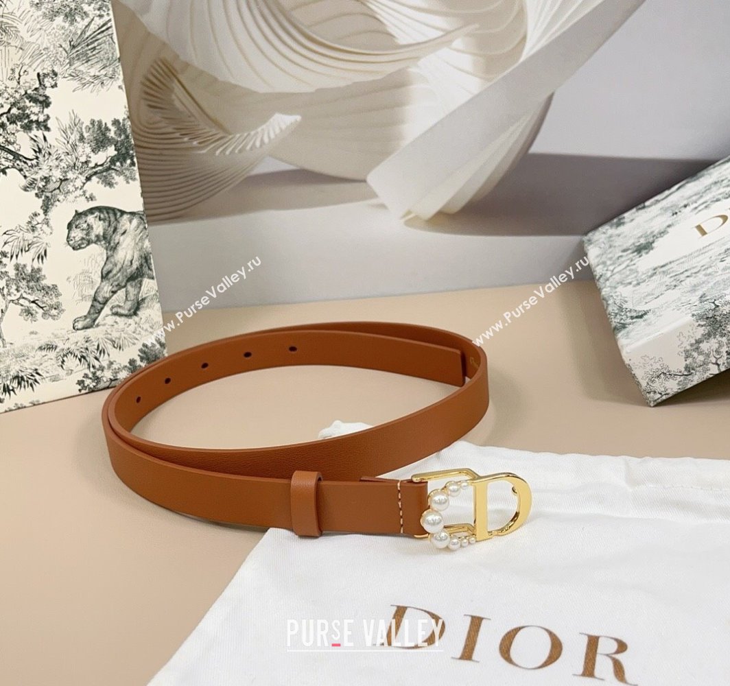 Dior Calfskin Leather Belt 2cm with Pearls CD Buckle Brown/Gold 2025 0108 (99-250108041)