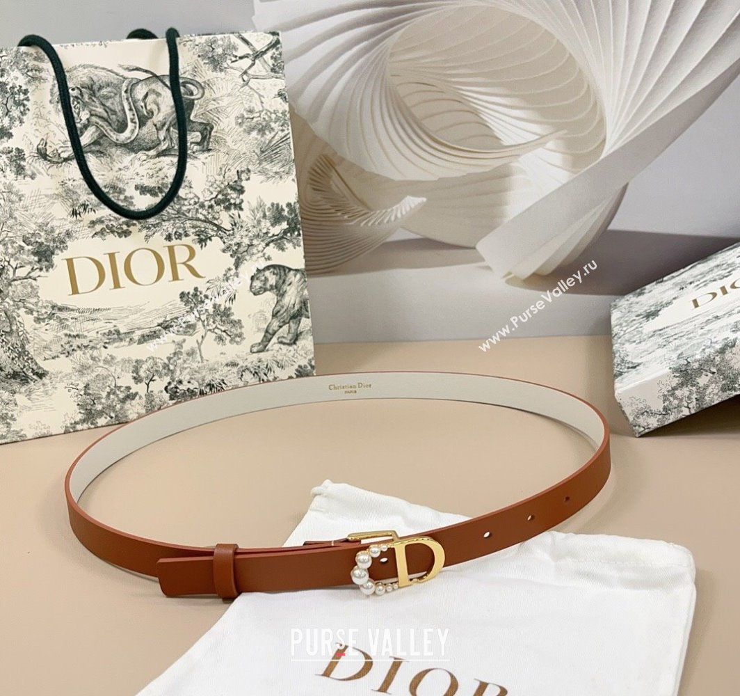 Dior Calfskin Leather Belt 2cm with Pearls CD Buckle Brown/White 2025 0108 (99-250108042)