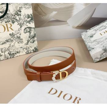 Dior Calfskin Leather Belt 2cm with Pearls CD Buckle Brown/White 2025 0108 (99-250108042)