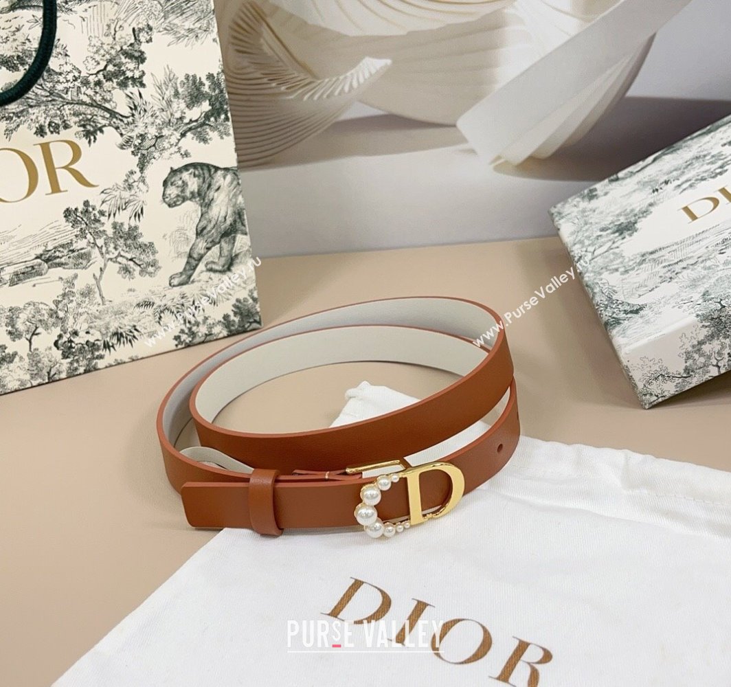 Dior Calfskin Leather Belt 2cm with Pearls CD Buckle Brown/White 2025 0108 (99-250108042)