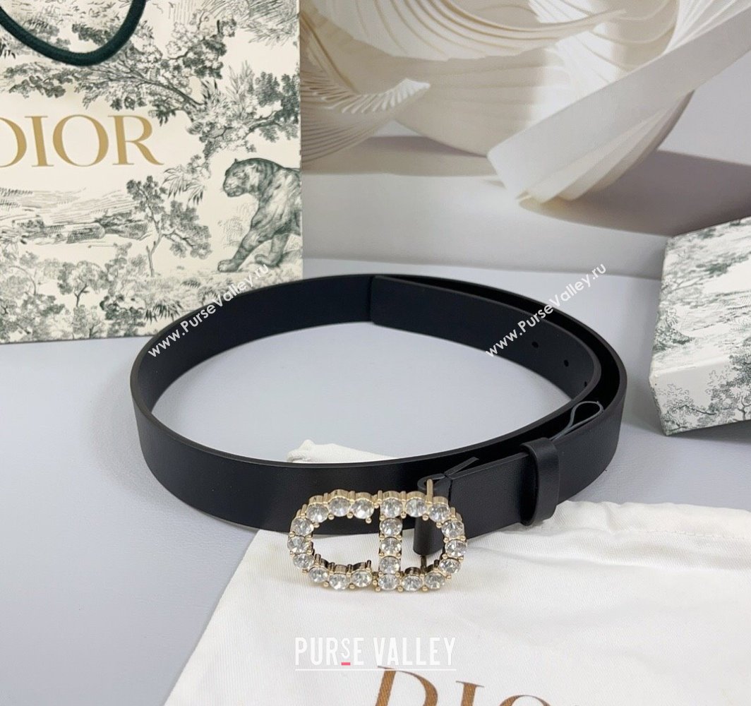 Dior Calfskin Leather Belt 3cm with Strass CD Buckle Black/Gold 2025 0108 (99-250108046)